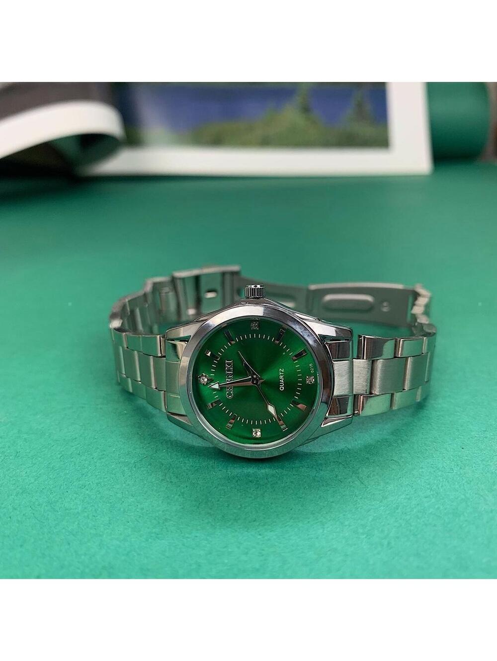 Silver Quartz Round Green Stainless Steel Watch. Stainless Steel